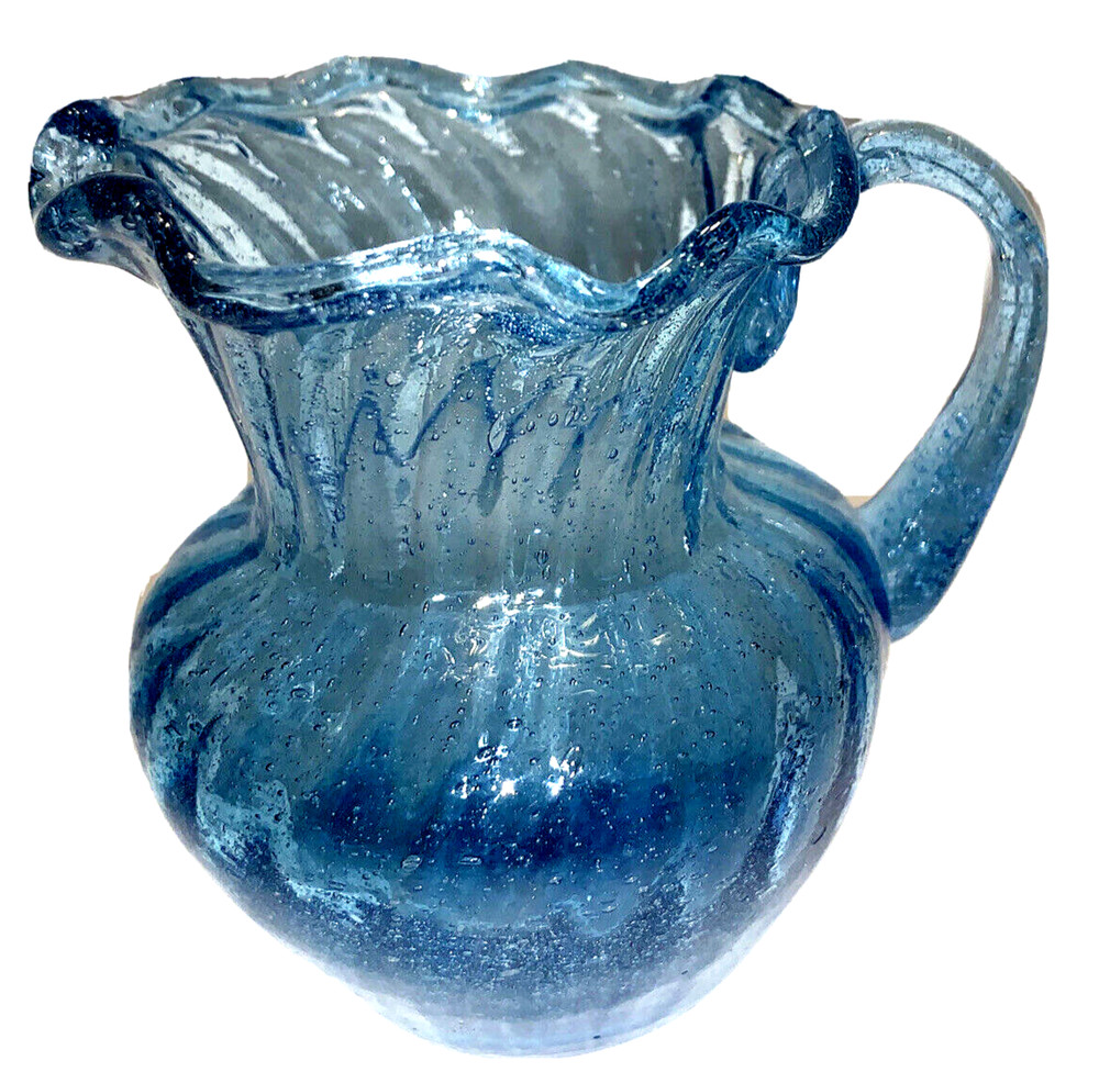 Small Hand Blown Blue Glass Creamer Pitcher w Applied Handle