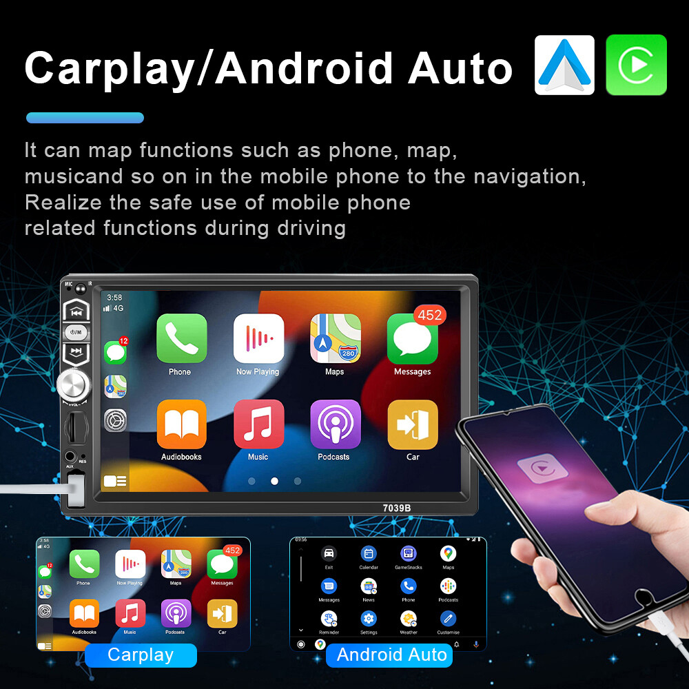 7" Car Radio Apple Carplay Android Auto Single Din Touch Screen Stereo Bluetooth
