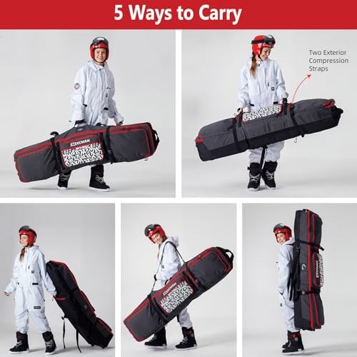 Padded Snowboard Bag with Wheels, Extendable Roller Ski Bag for Air Red