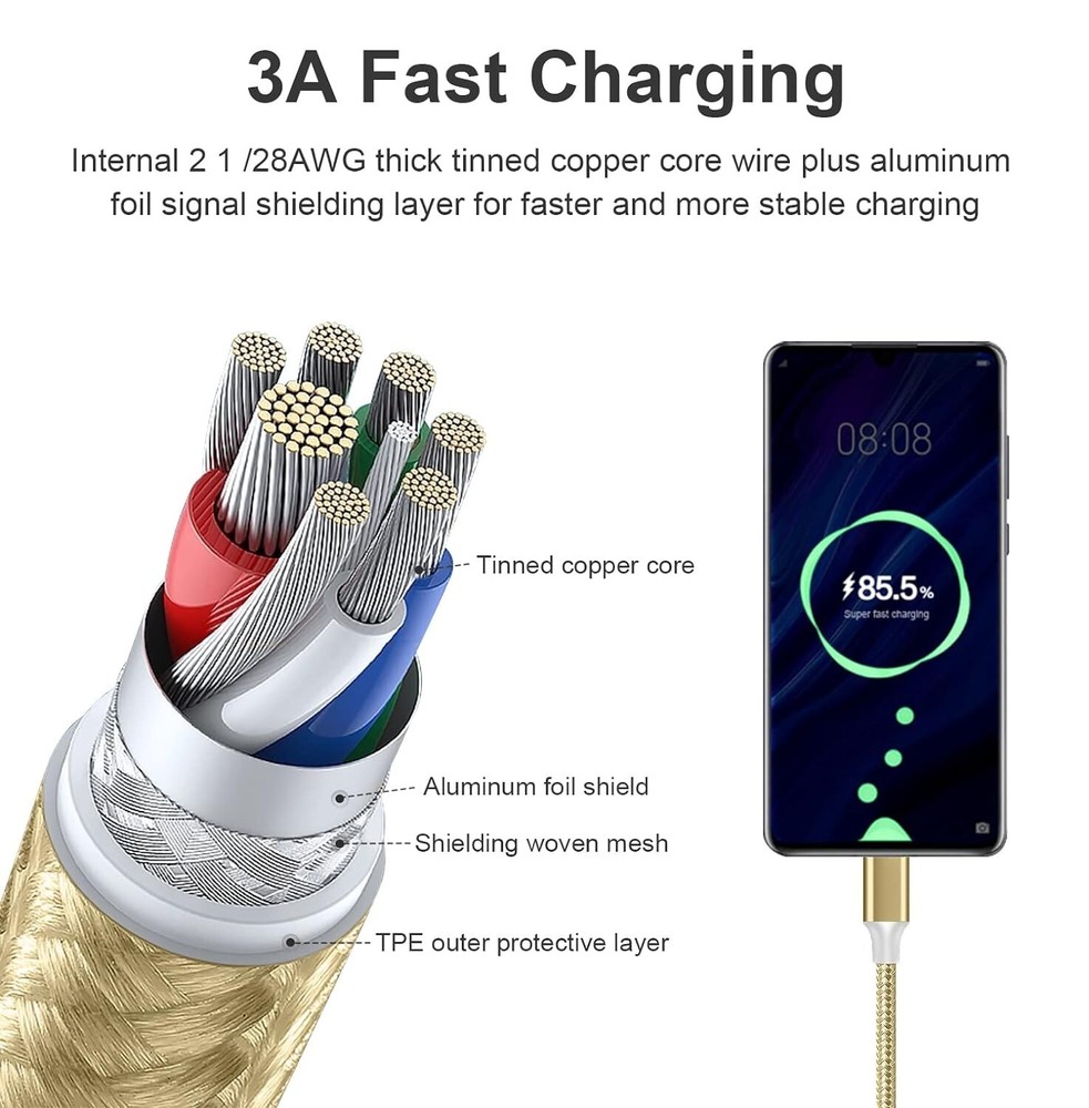 USB to USB Type C Cable - 6ft - Fast Charging for Android/iPhone - 5 Pack