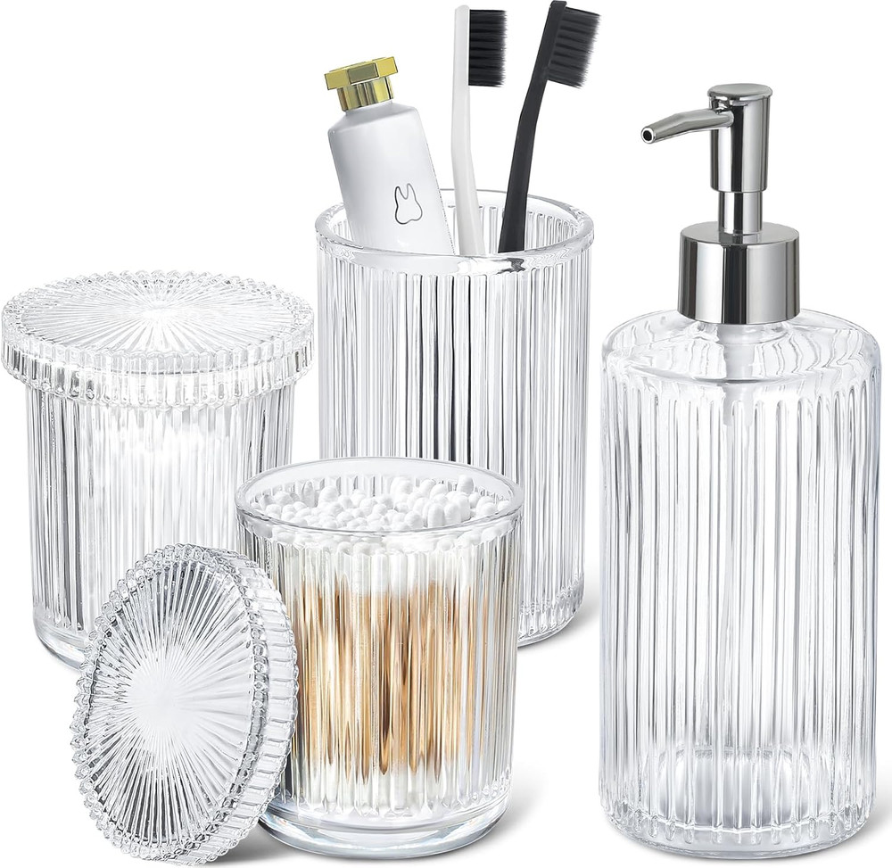 Bathroom Accessories Set, 4 Pack Clear Glass Bath Accessory Sets Complete, Ribbe