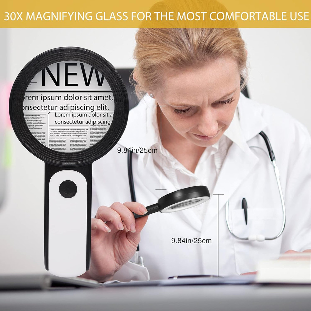 30X Handheld Magnifying Glass with 18 LED Lights – 3 Light Modes