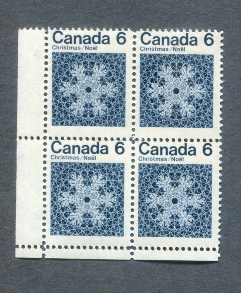 CANADA Stamp #554 Christmas Noel Snow Flake 1971, 6¢ LL CORNER BLOCK