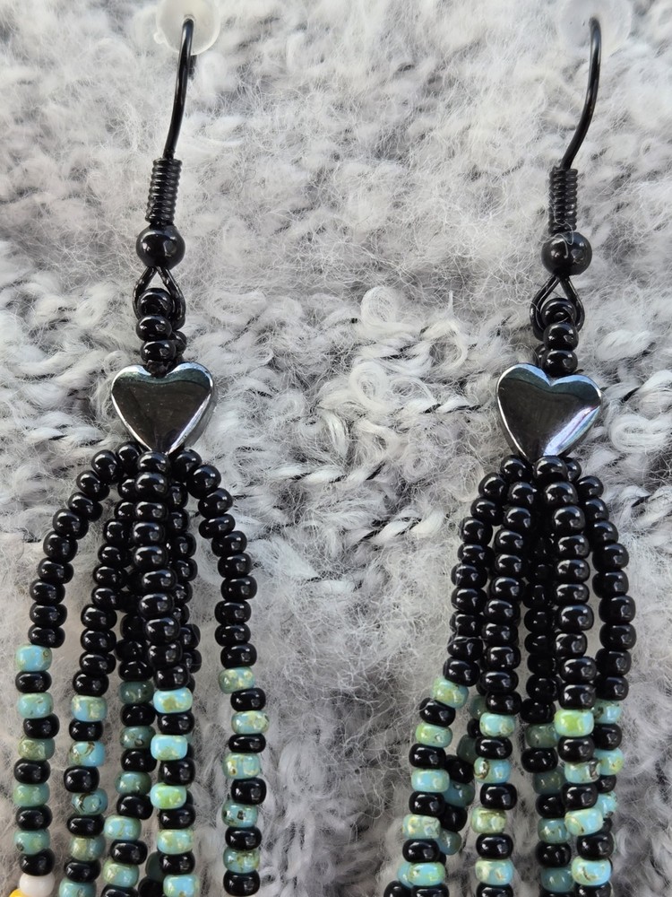 Native American Beaded Tassel Dangle Earrings (Heart, Multicolor)