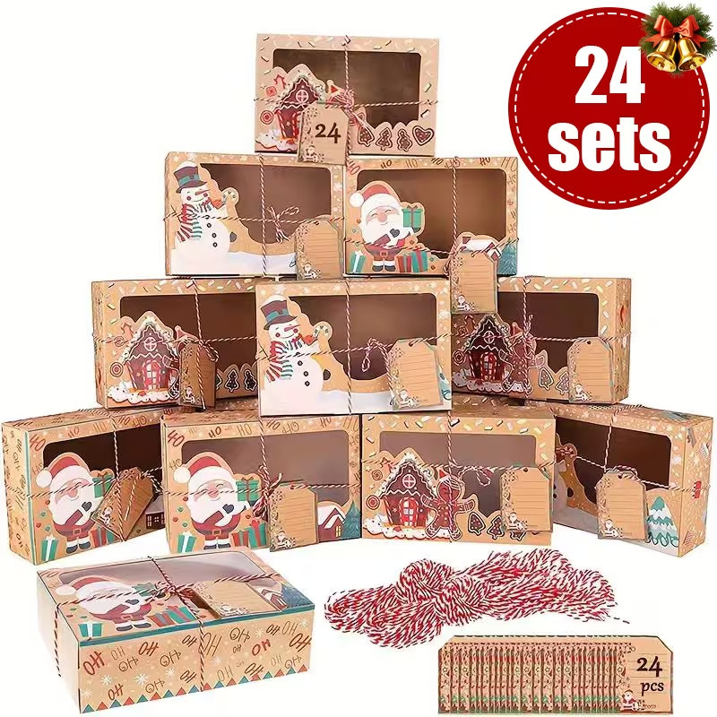 24pcs Christmas Cookie & Candy Boxes – Holiday Donut Gift Boxes w/ Tags & String