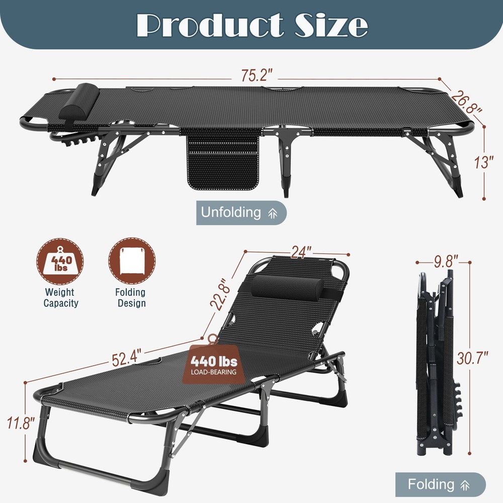 Adjustable 4-Position Patio Lounge Cots Folding Camping Cot Guest Sleeping Bed