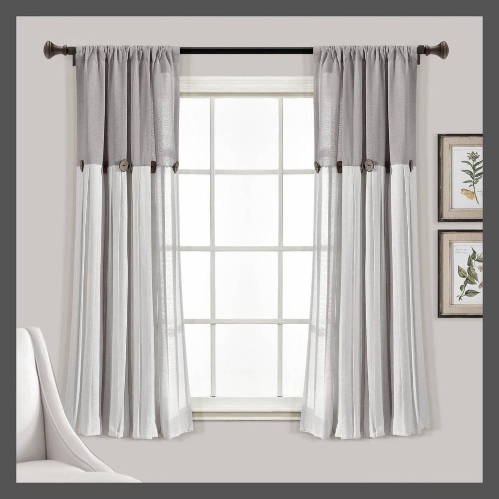 63"x40" Farmhouse Linen Button Light Filtering Window Curtain Panel Gray/White