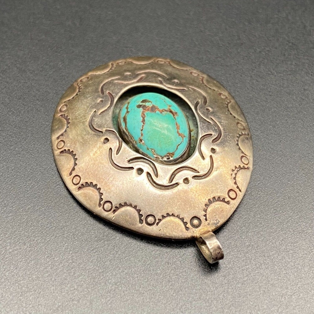 Vintage Navajo Native Turquoise Shadowbox Silver Stampwork Pendant