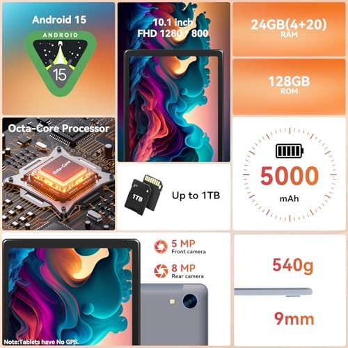 Tablet,10.1" Android 15 Tablet with Octa-core Processor 24GB RAM 128GB ROM HD