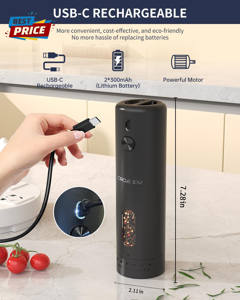 Rechargeable Electric Salt and Pepper Grinder Set with Base, Automatic Pepper Mi