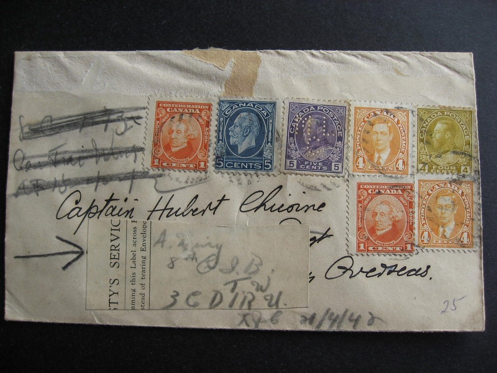 Canada WWII combo cover includes a perfin, cover back damaged