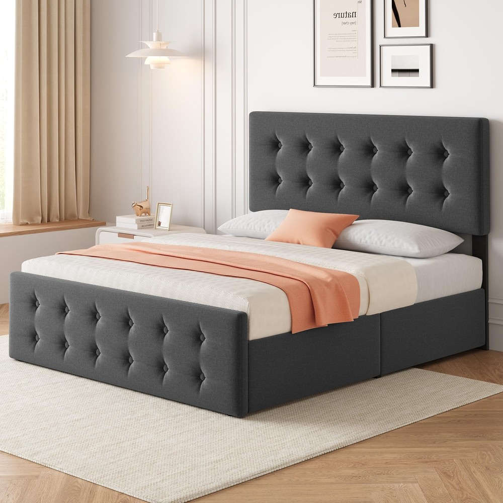 Full Size Bed Frame ,Modern Linen Upholstered Platform w/4 Storage Drawers Gray
