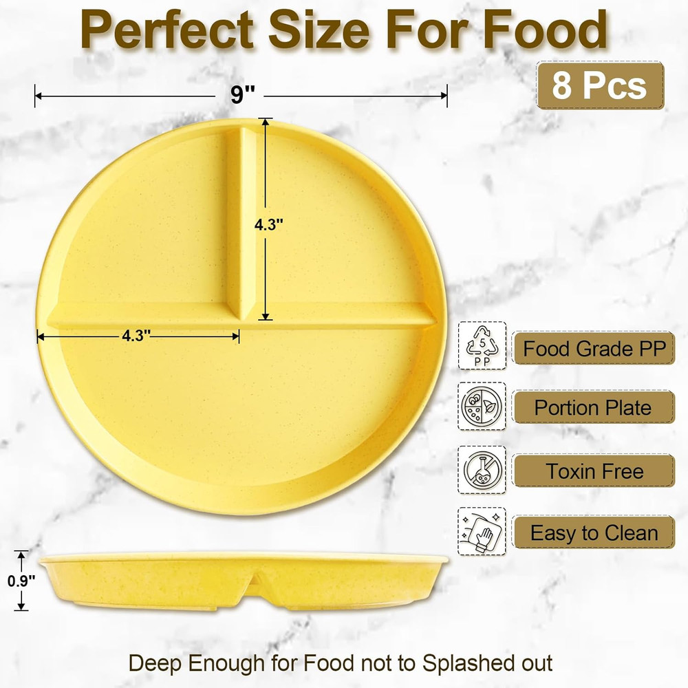 Divided Plates for Adults (8 Packs) Unbreakable Portion Control Plate Sectioned