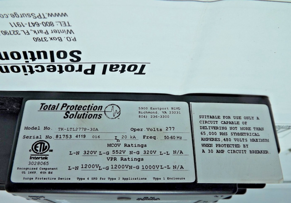 two (2) Total Protection Solutions TK-LTL277P-30A Surge Protective Device