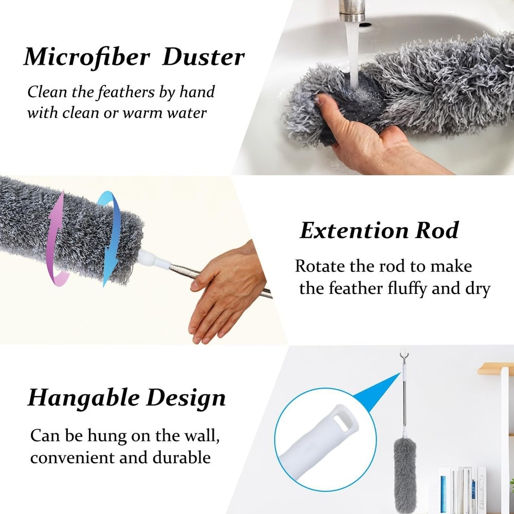 100" Extra-Long Microfiber Feather Duster, Extendable Pole Dusters, Telescoping