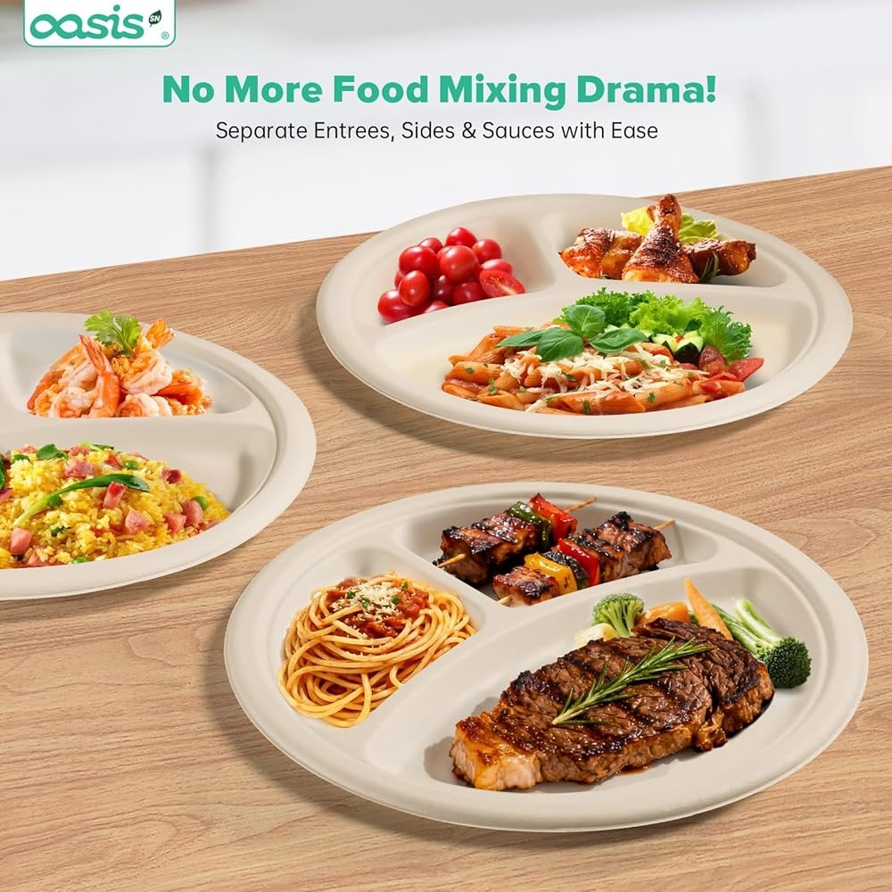 𝟭𝟬 𝗶𝗻𝗰𝗵, 𝟭𝟮𝟴-𝗣𝗮𝗰𝗸 3-partment Disposable Paper Plates,