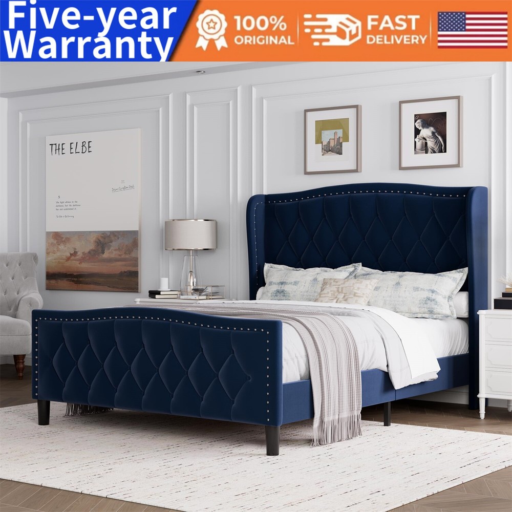 Full Bed Frame Velvet Upholstered Platform Bed with Wing Side Headboard Sturdy