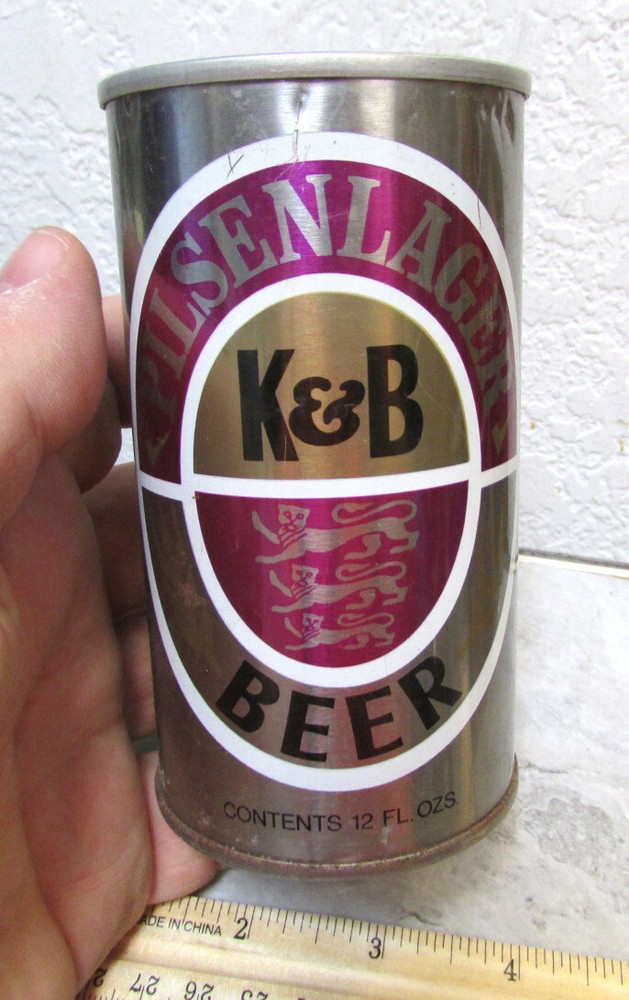 K & B Pilsen Lager 12 oz empty pull tab style top tin beer can, great colors