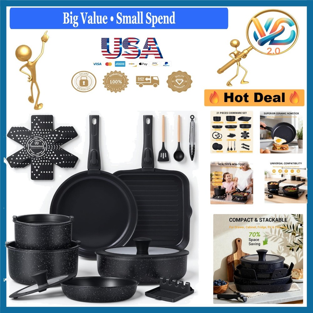 21 Pcs Nonstick Cookware Set with Detachable Handle Induction Ceramic Oven Sa...