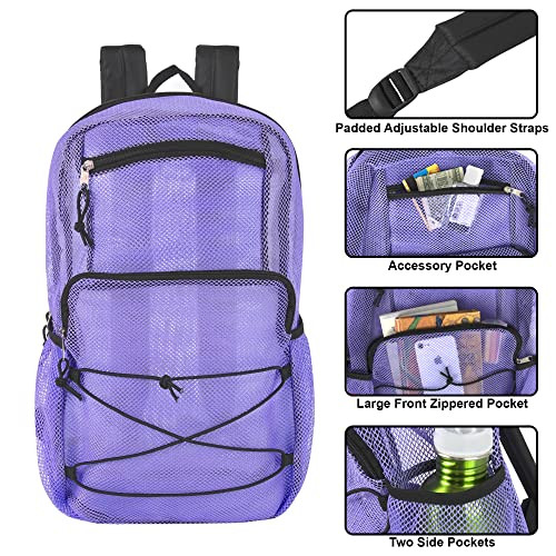 Deluxe See Through Mesh Backpack with Bungee Cord & Adjustable Padded Lavender