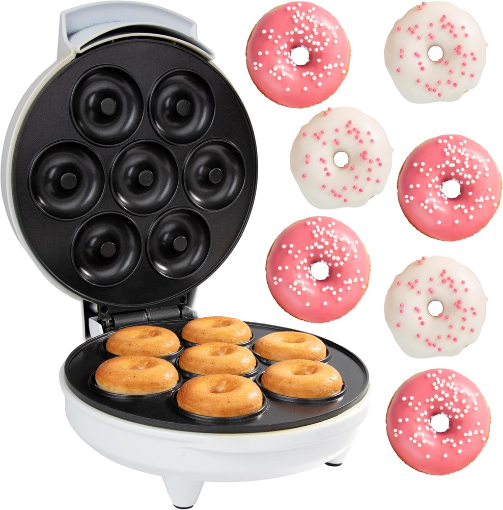 Mini Donut Maker- Electric Nonstick Surface Makes 7 Small Doughnuts- Decorate Fr