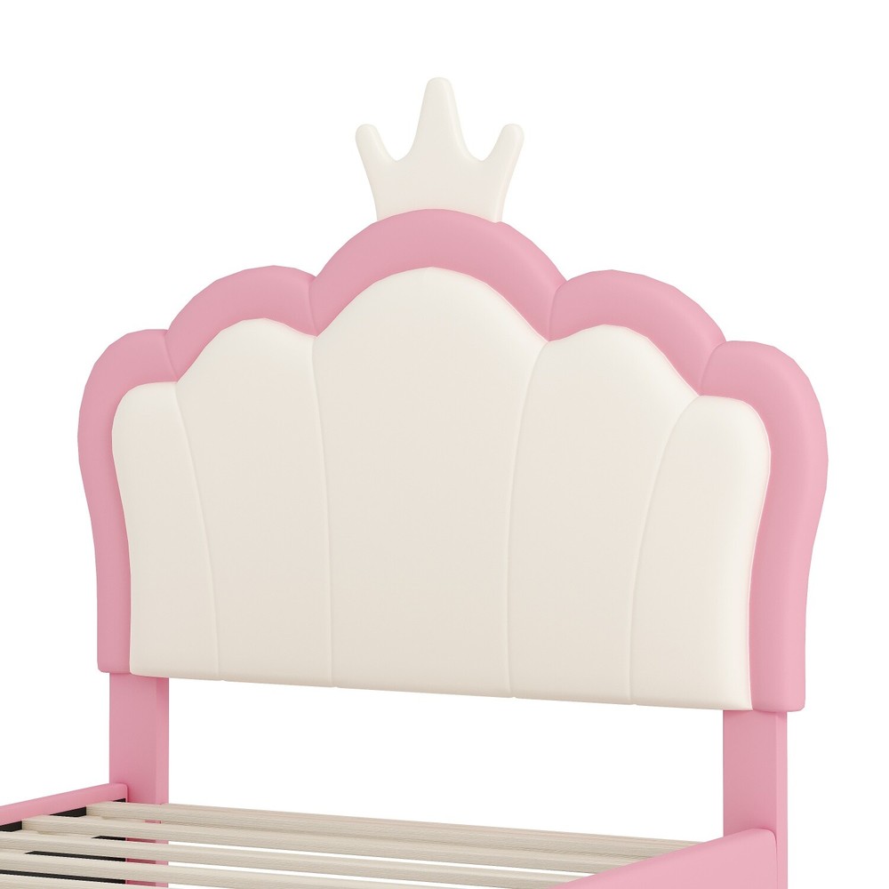 Twin/Full Size Bed Frame PU Upholstered Platform Bed w/ Headboard Pink & Cream