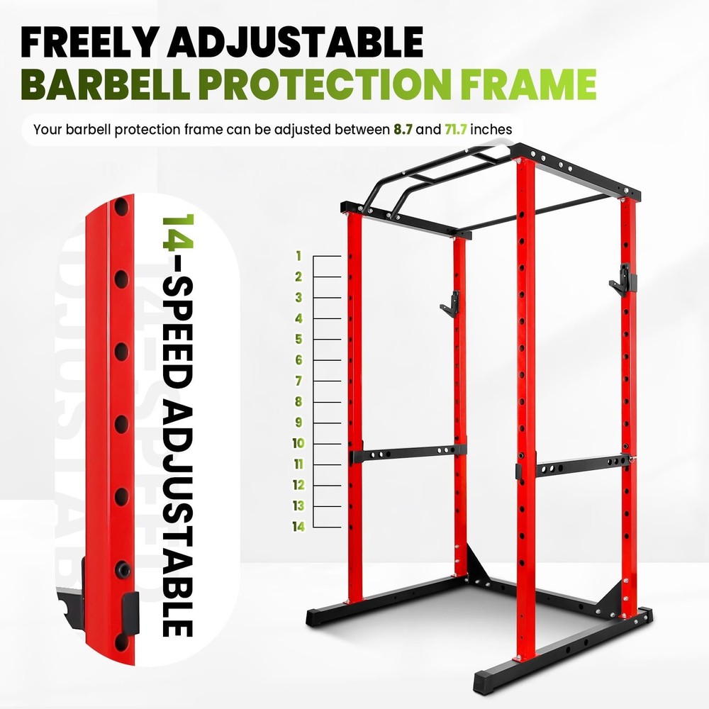 Power Cage Rack, 1200LBS Adjustable Squat Rack Satnd Frame for Home & Gym Red