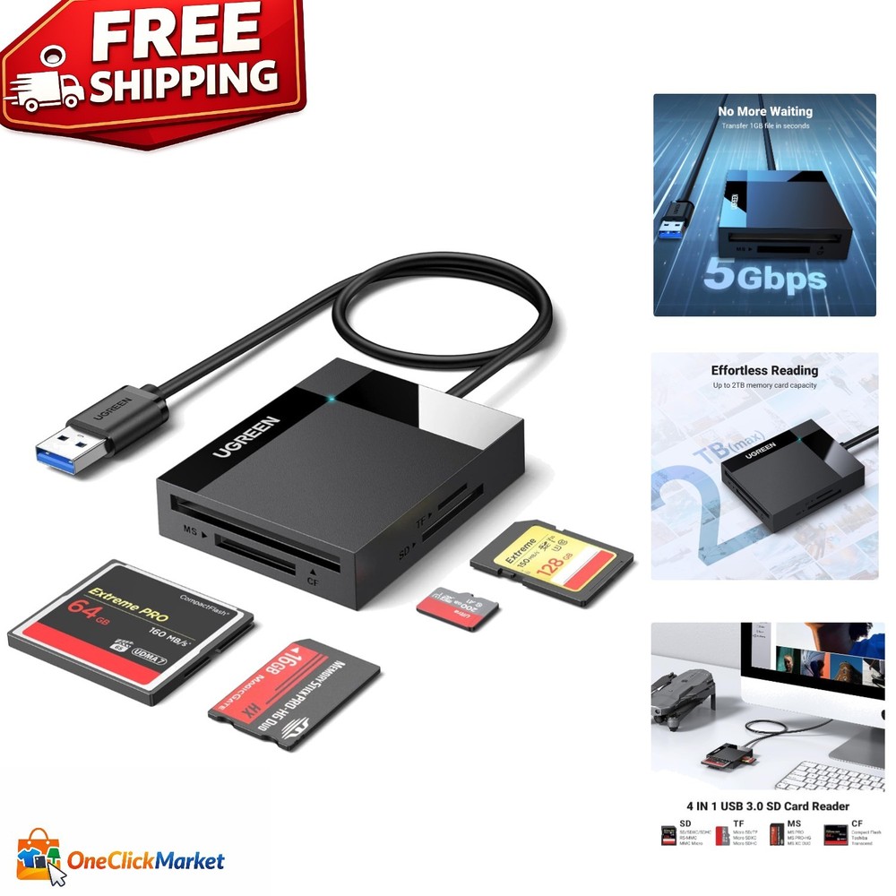 Compact USB 3.0 Card Reader for Simultaneous SD/TF/CF Data Transfers - Black