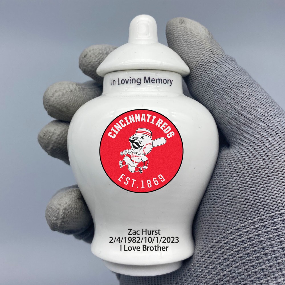 Ceramic Mini Urn for Cincinnati Reds Baseball Theme, Custom Text
