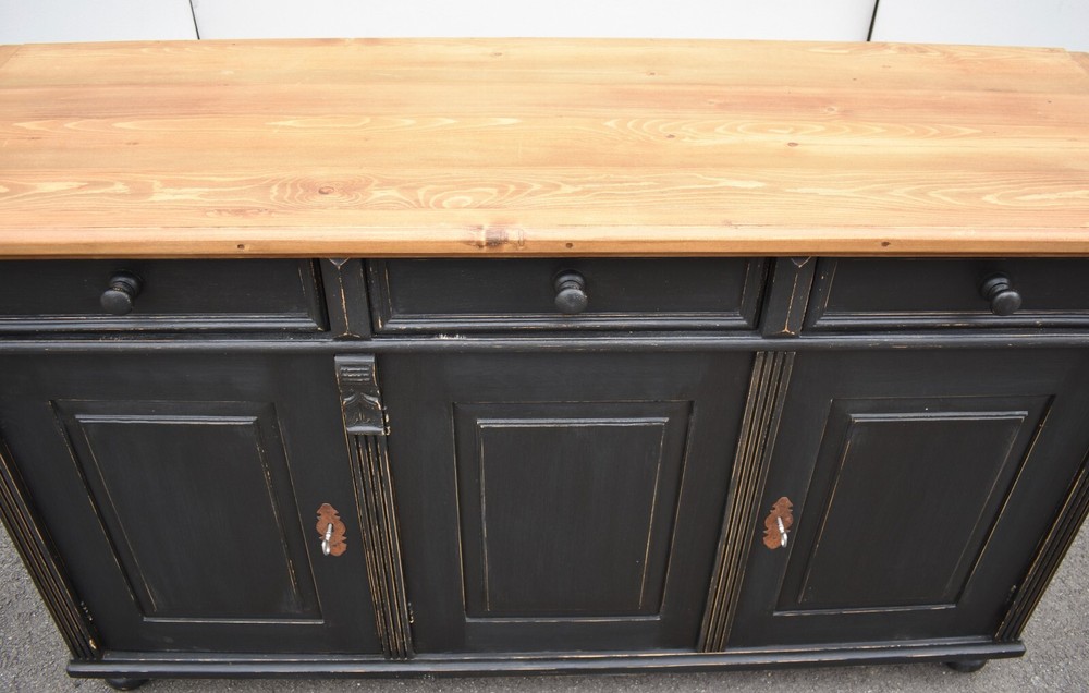 Painted Pine Three Door Sideboard, Reproduction.