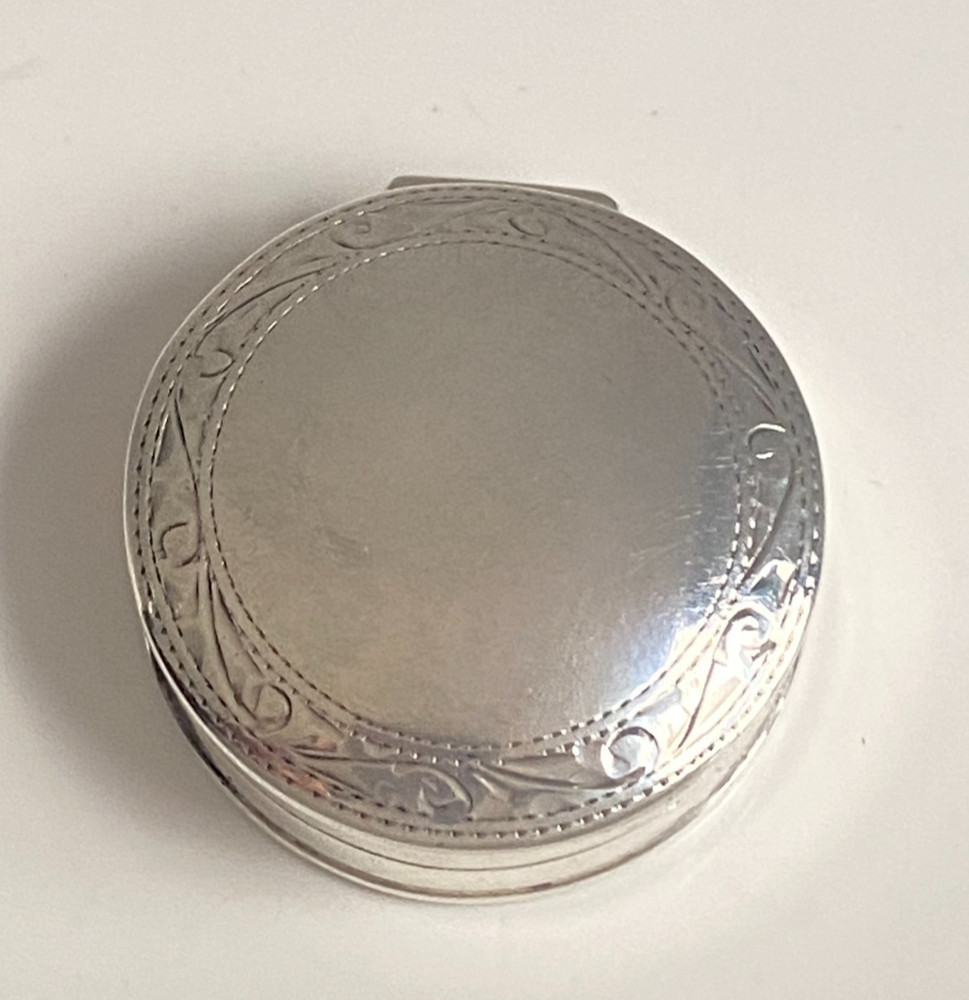 Vintage Carrs Solid Silver Hinged Pill Box Chased Foliate Border Hallmarked