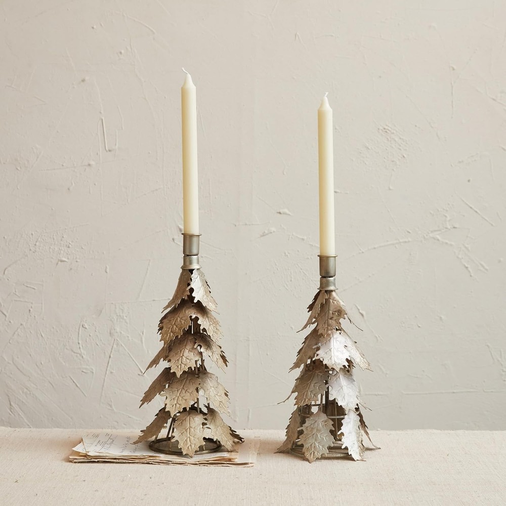 Metal Tree Shaped Taper Candleholder Distressed Silver Finish