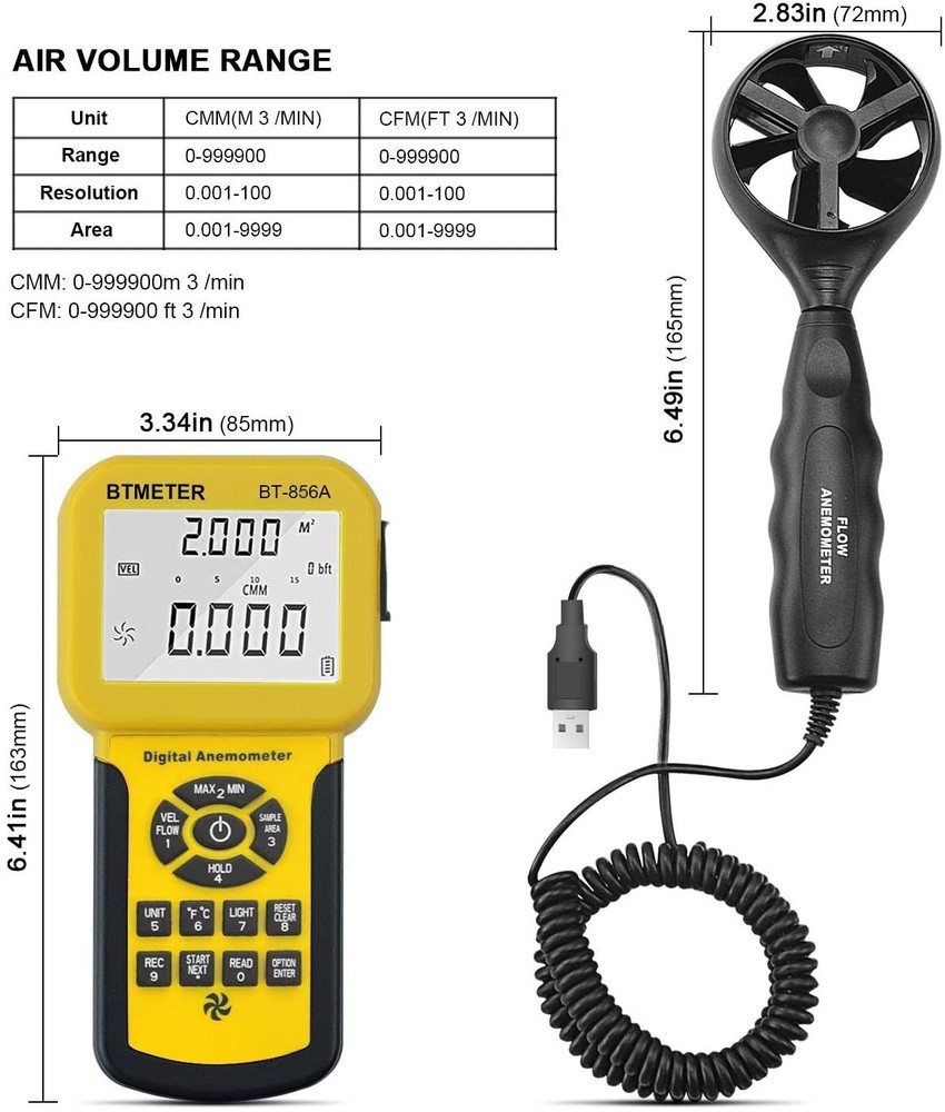 BTMETER 856A Anemometer Wind Speed Air Flow Temp Backlight Data Logger USB HVAC