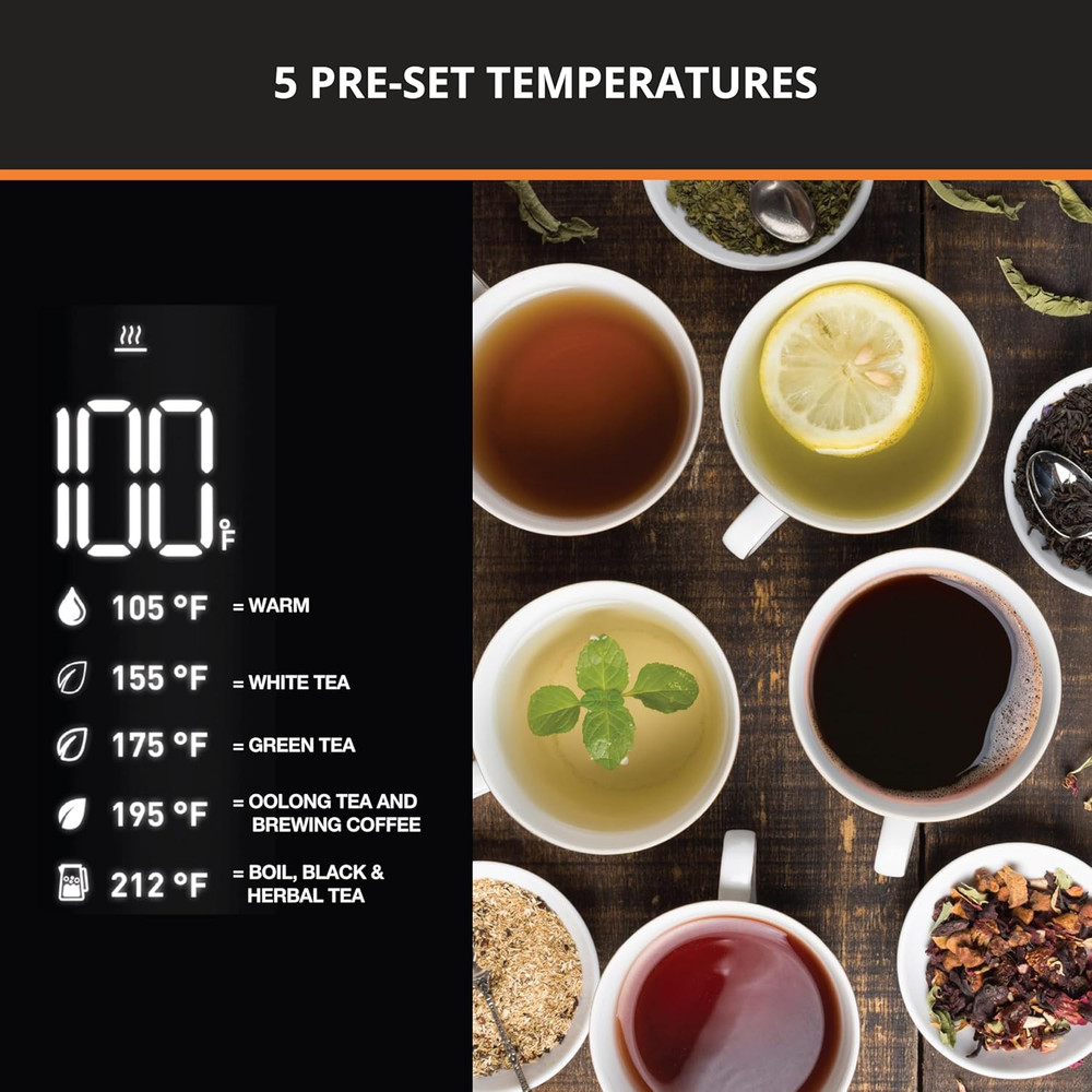 Smart Temp Electric Kettle: 1.7L Capacity, 5 Precise Temperature Settings, Digit