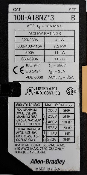 Allen-Bradley 100-A18NZ3 Contactor