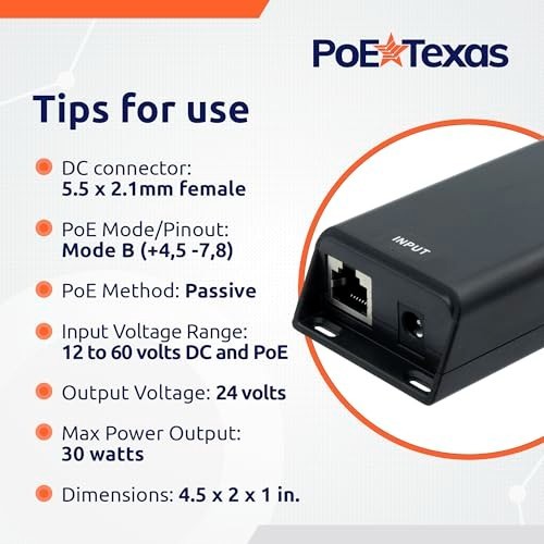 PoE Texas 24 Volt Passive PoE Injector (Mode B) - DC-Powered Gigabit Inline Conv