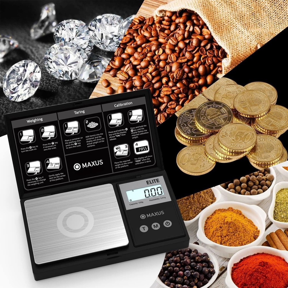 MAXUS Digital Pocket Gram Scale 500g x 0.01g High Precision Compact, Black