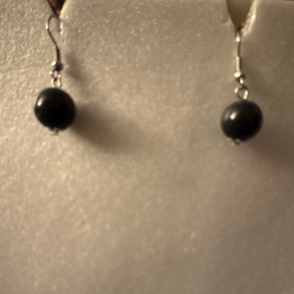 Handcrafted Black Beaded Dangle Drop Earrings Round Silver Hook