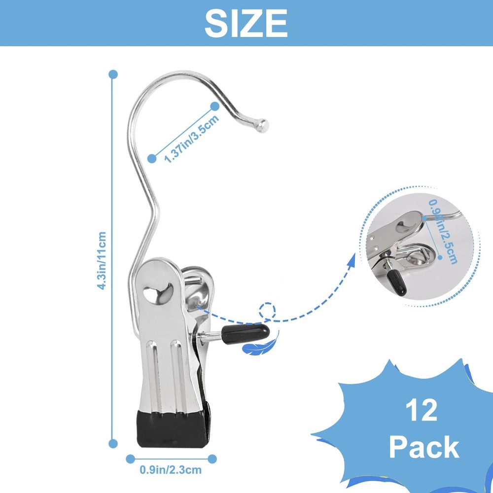 Boot Hanger Clips, 12-Pack Laundry Hanging Hooks Clothes Pins Compact, Black