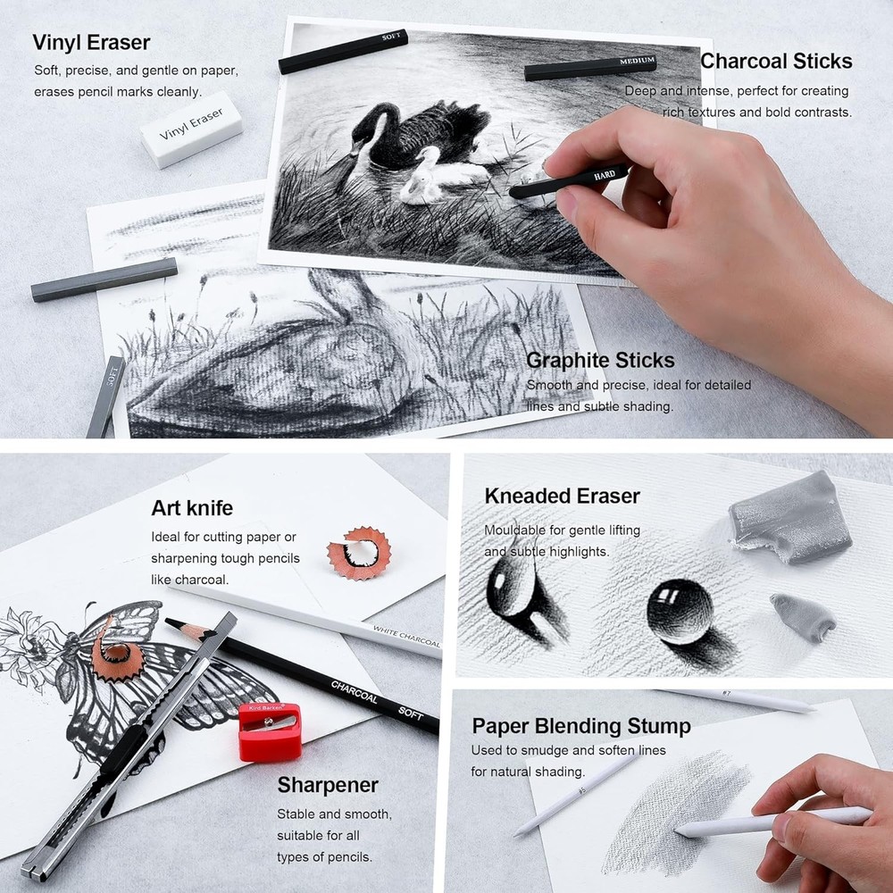 33-Piece Professional Drawing Set – Graphite & Charcoal Pencils with Tools