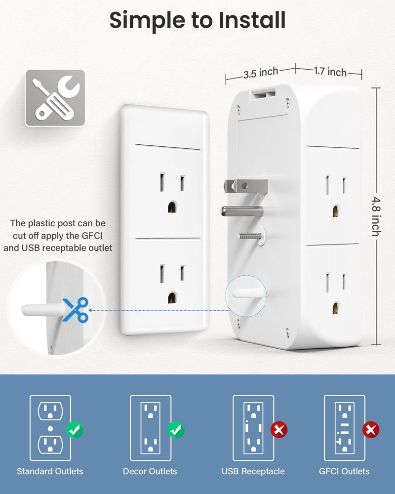 Mifaso 3-Sided Multi Plug Wall Extender Shelf Night Light Surge Protector USB C