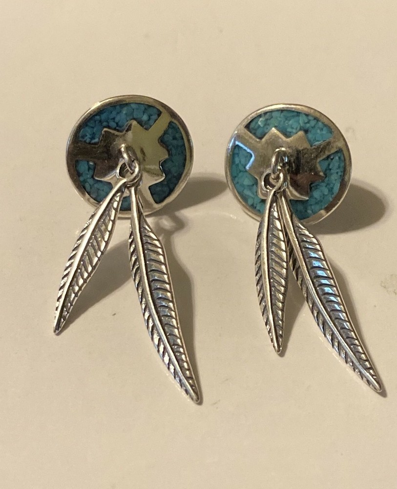 Shube’s Mfg. Sterling Silver Turquoise Feather Earrings