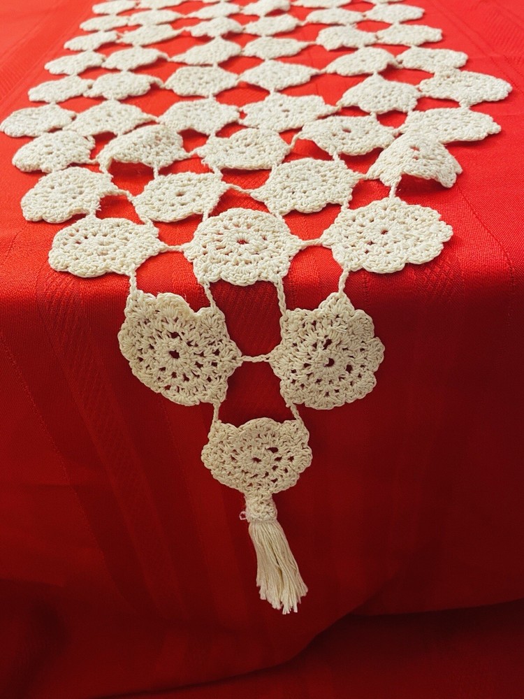 Table Runner Crochet In Cream Cotton BOHO Handmade