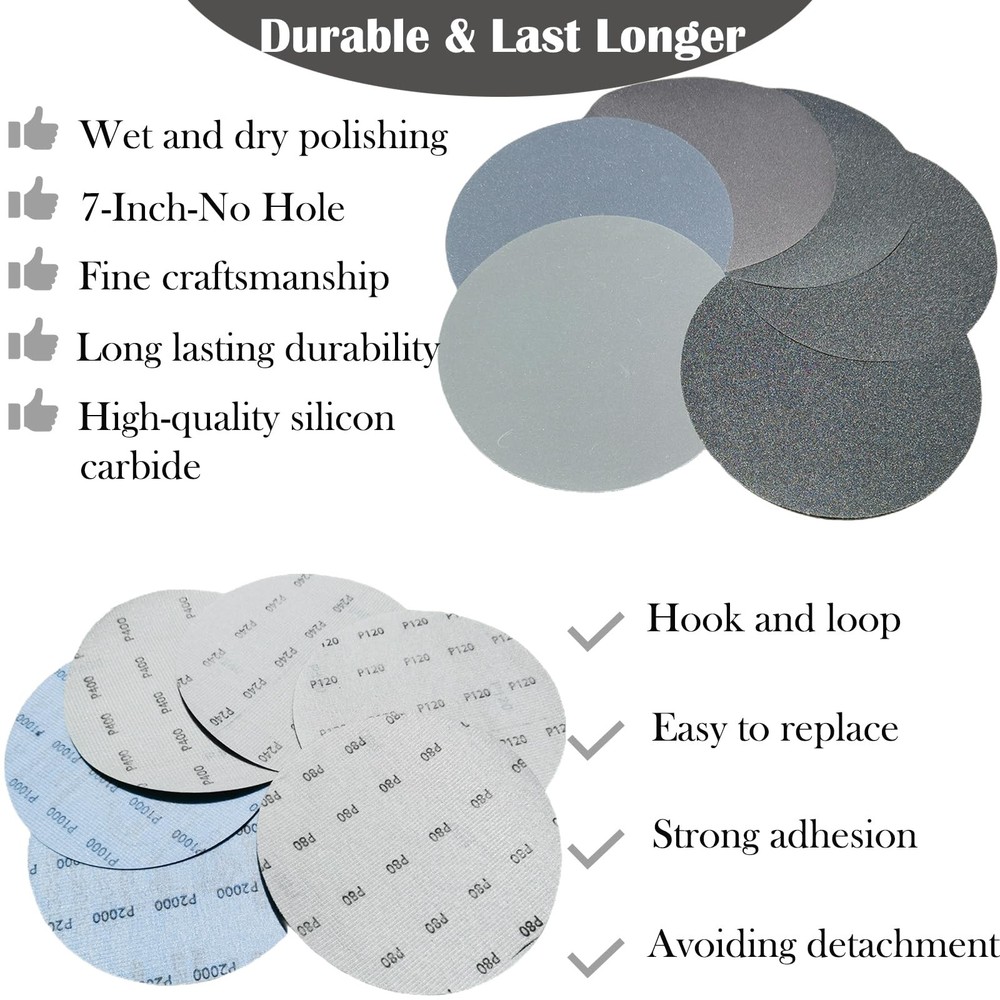 7" Hook-and-Loop Sanding Discs 80-2000 Grits Wet/Dry for Random Orbit Sander
