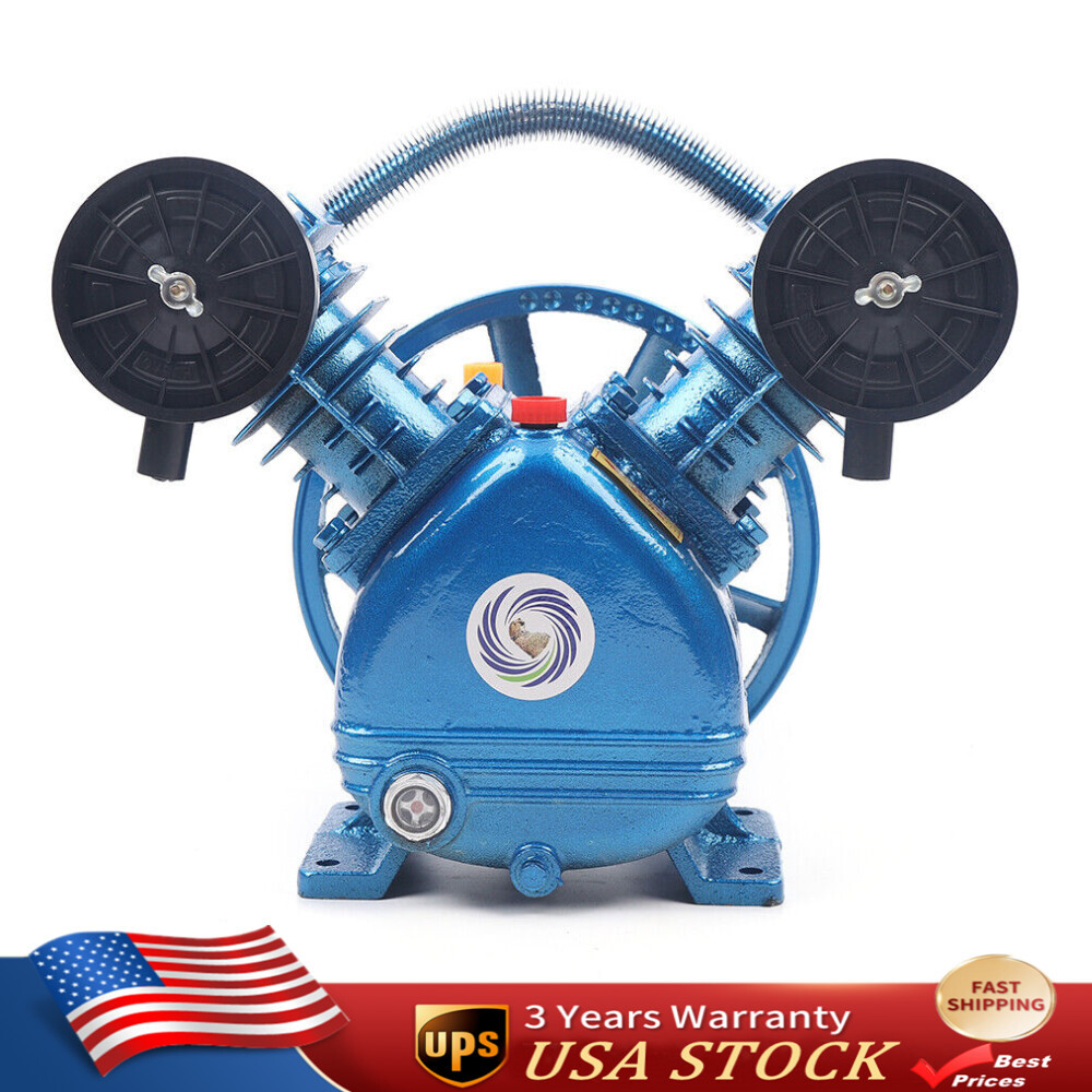 Air Compressor Pump Twin Cylinder 2 Piston V Style 2HP Head Single Stage Blue
