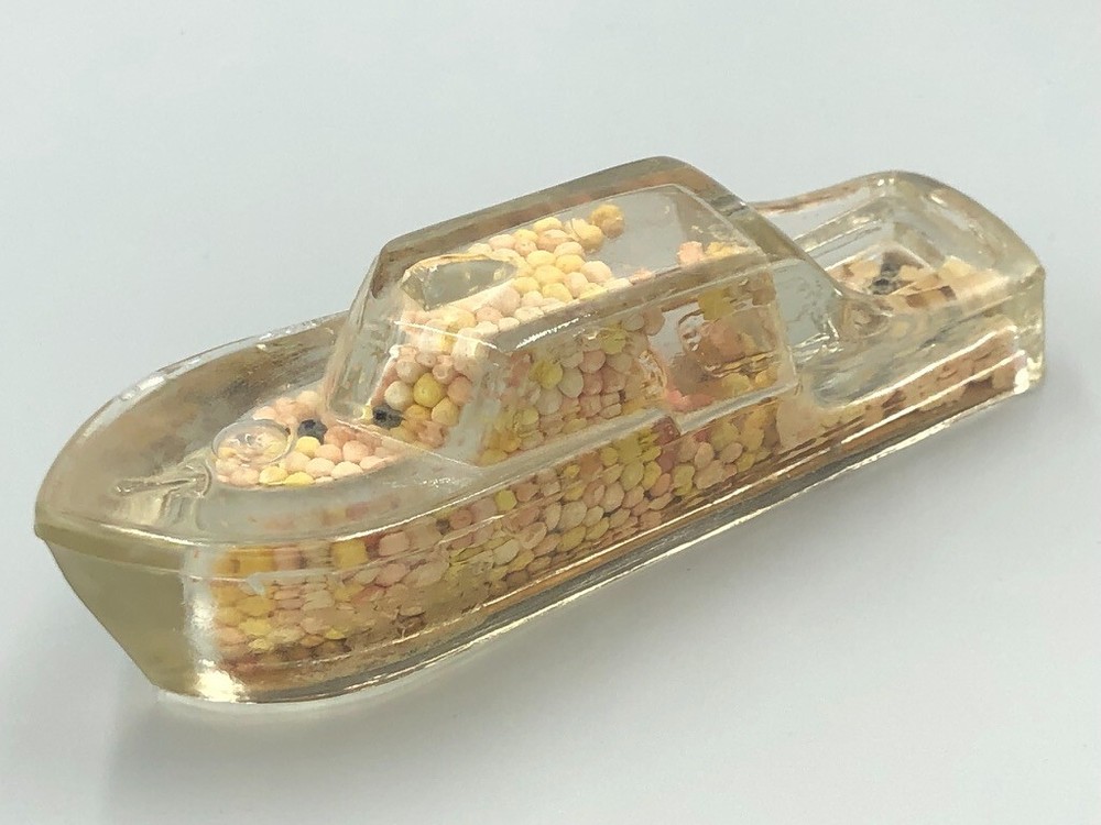 Vintage BOAT Model CABIN CRUISER Figural Glass CANDY CONTAINER Millstein