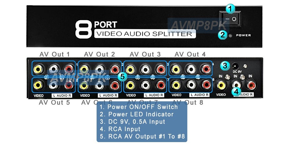 8-Port Active Composite RCA Video Audio Splitter Distribution Amp DC 9V