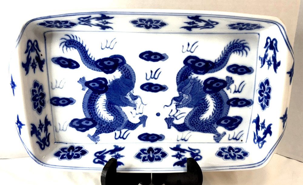 Blue & White Chinese Dragon  Hand-Painted Stoneware Casserole Baking Dish
