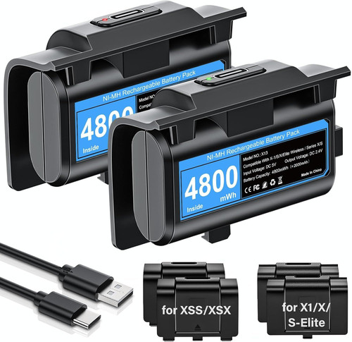 Rechargeable-Battery-Pack-for-Xbox-Controller, 2x4800mWh Batteries Pack Blue