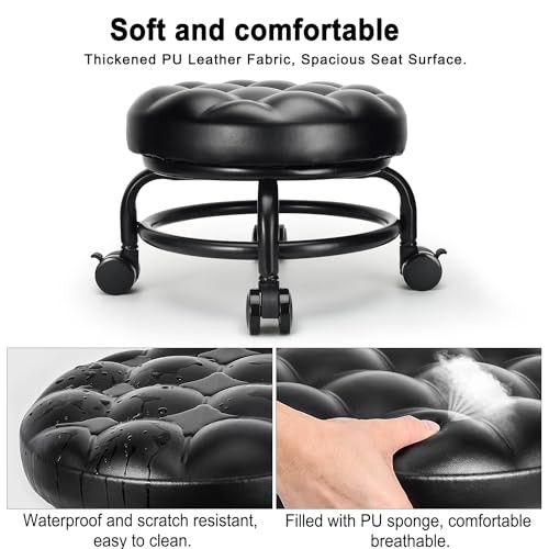 Low Height Rolling Stool Roller Stool PU Leather Comfortable Seat Style 1
